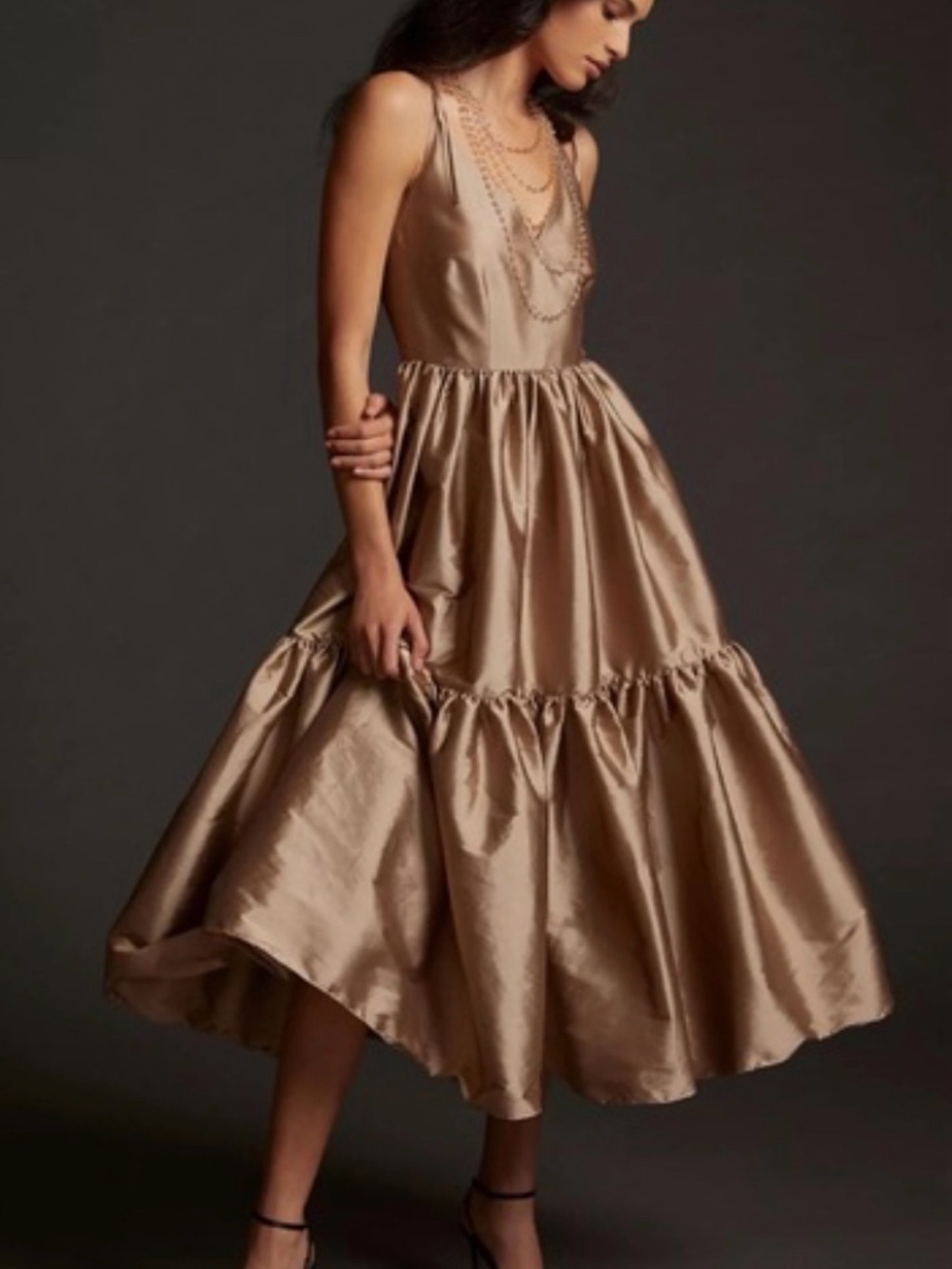 Anthropologie Satin Tiered Midi Dress in Champagne Gold